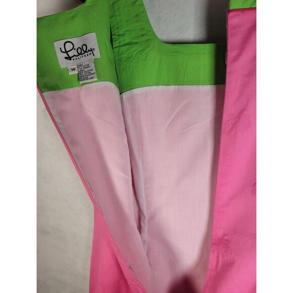 Lilly Pulitzer VTG Classic Pink Sheath Dress Size 12 Palm Trees Green Trim - Picture 8 of 11